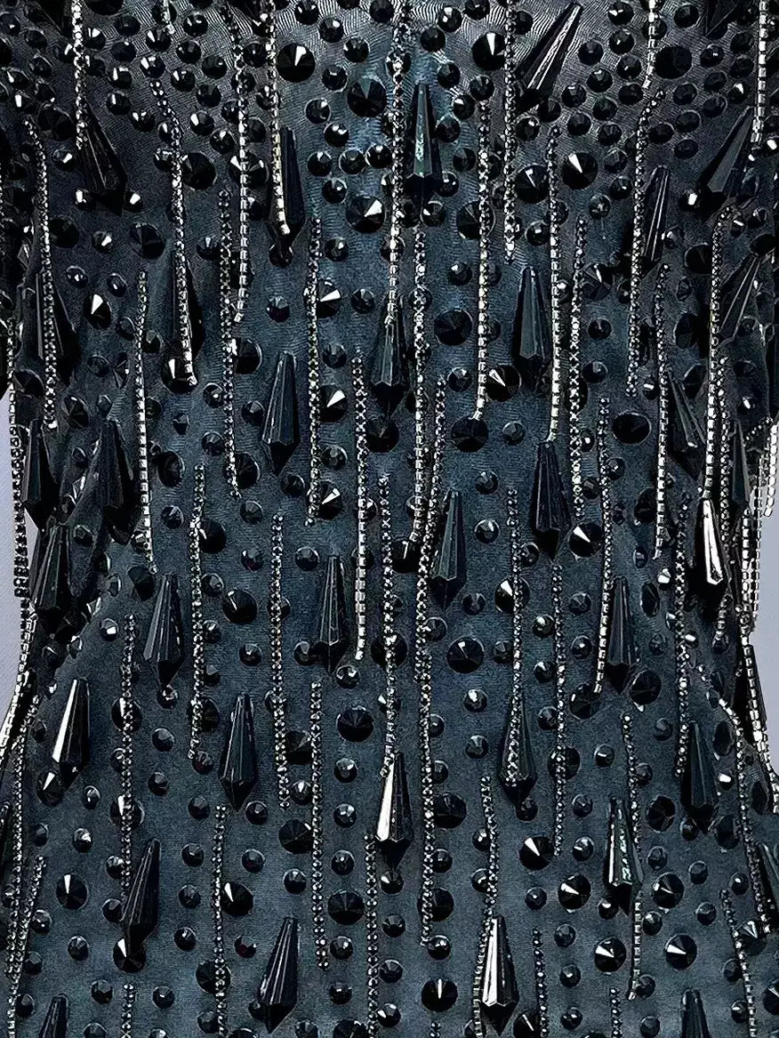 Black Halter Embellished Mini Dress with Fringe Hem - Dresses