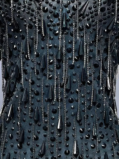Black Halter Embellished Mini Dress with Fringe Hem - Dresses