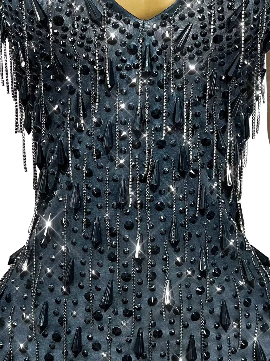 Black Halter Embellished Mini Dress with Fringe Hem - Dresses