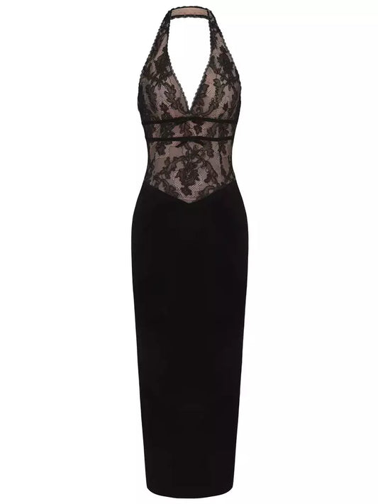 Black halter-neck velvet and lace detailed dress with intricate lace bodice design