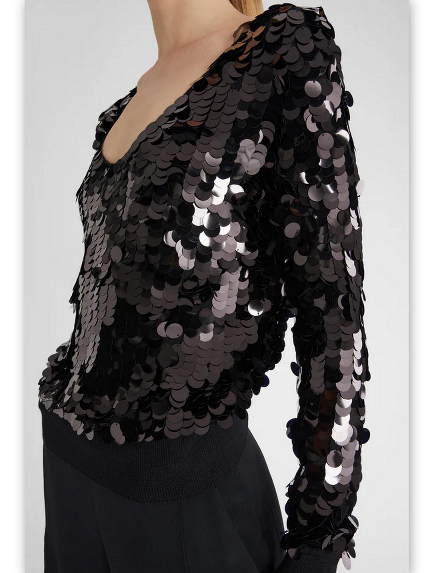 Black Heavily-Sequined Plunge-Neck Top with Ribbed Knit Trim - Tops