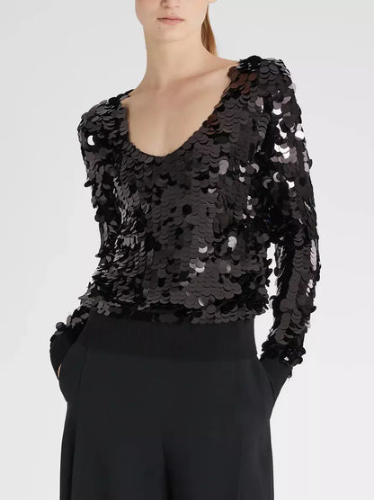 Black Heavily-Sequined Plunge-Neck Top with Ribbed Knit Trim - Tops