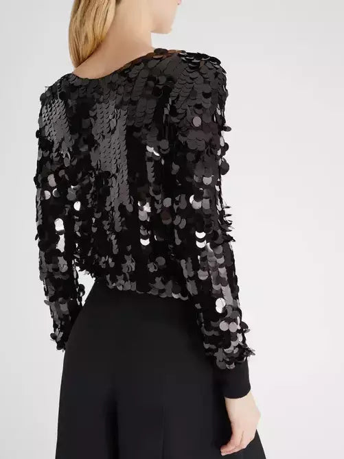 Black Heavily-Sequined Plunge-Neck Top with Ribbed Knit Trim - Tops