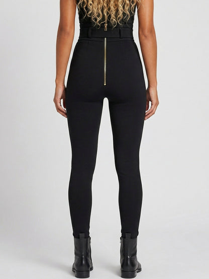 Black High-Waisted Belted Stretch Pants - Jeans & Pants