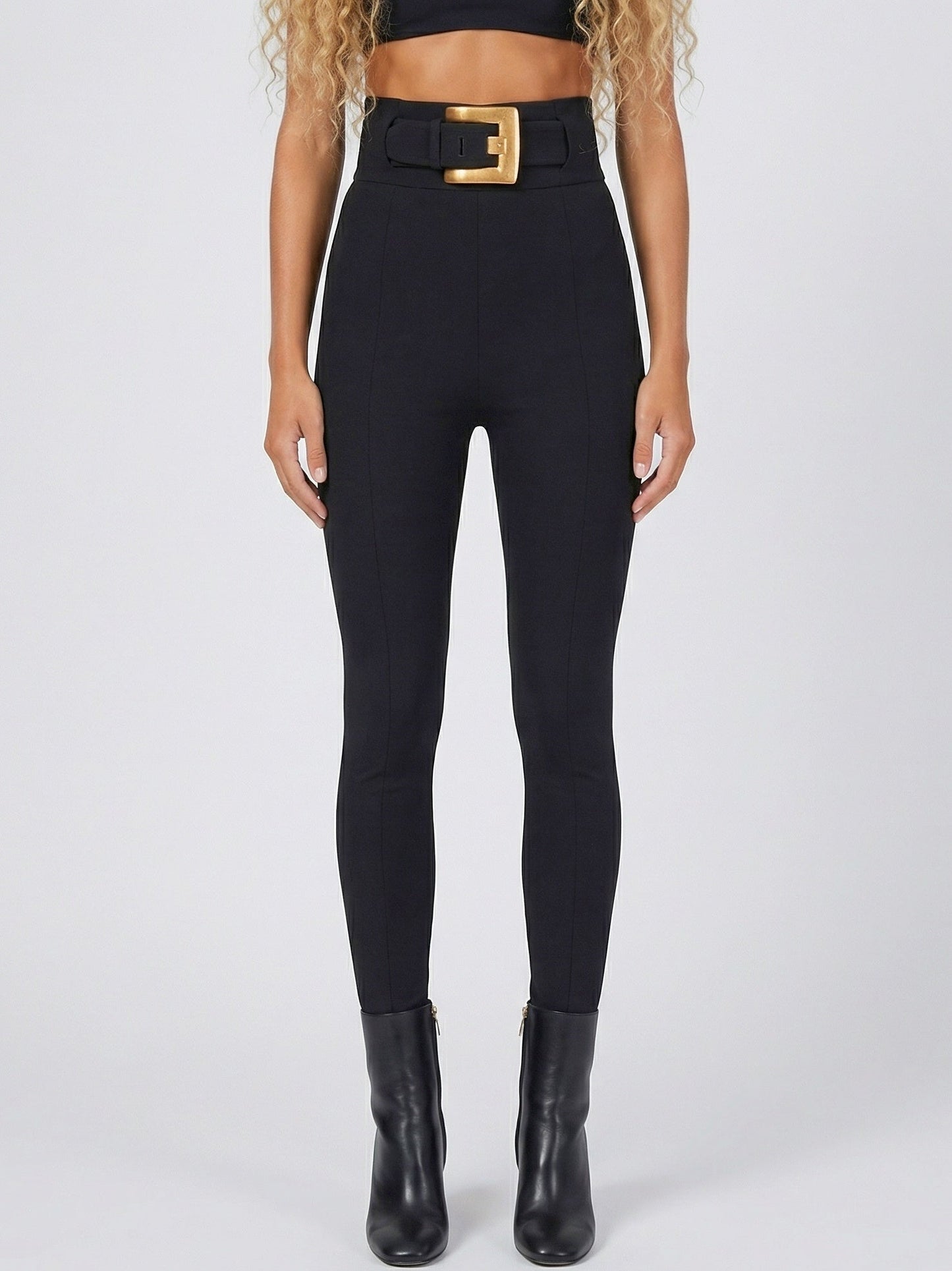 Black High-Waisted Belted Stretch Pants - Jeans & Pants