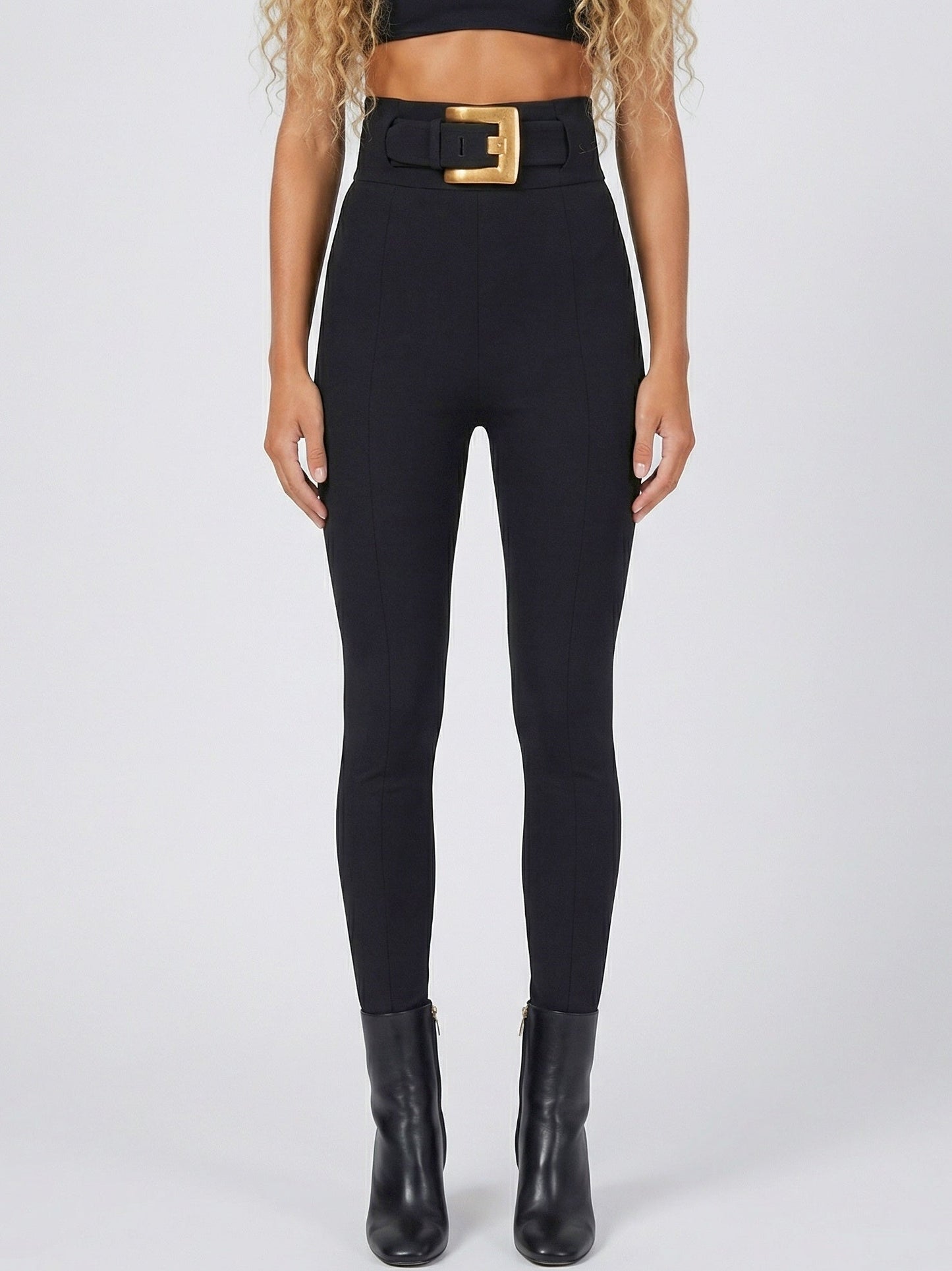 Black High-Waisted Belted Stretch Pants - S - Jeans & Pants