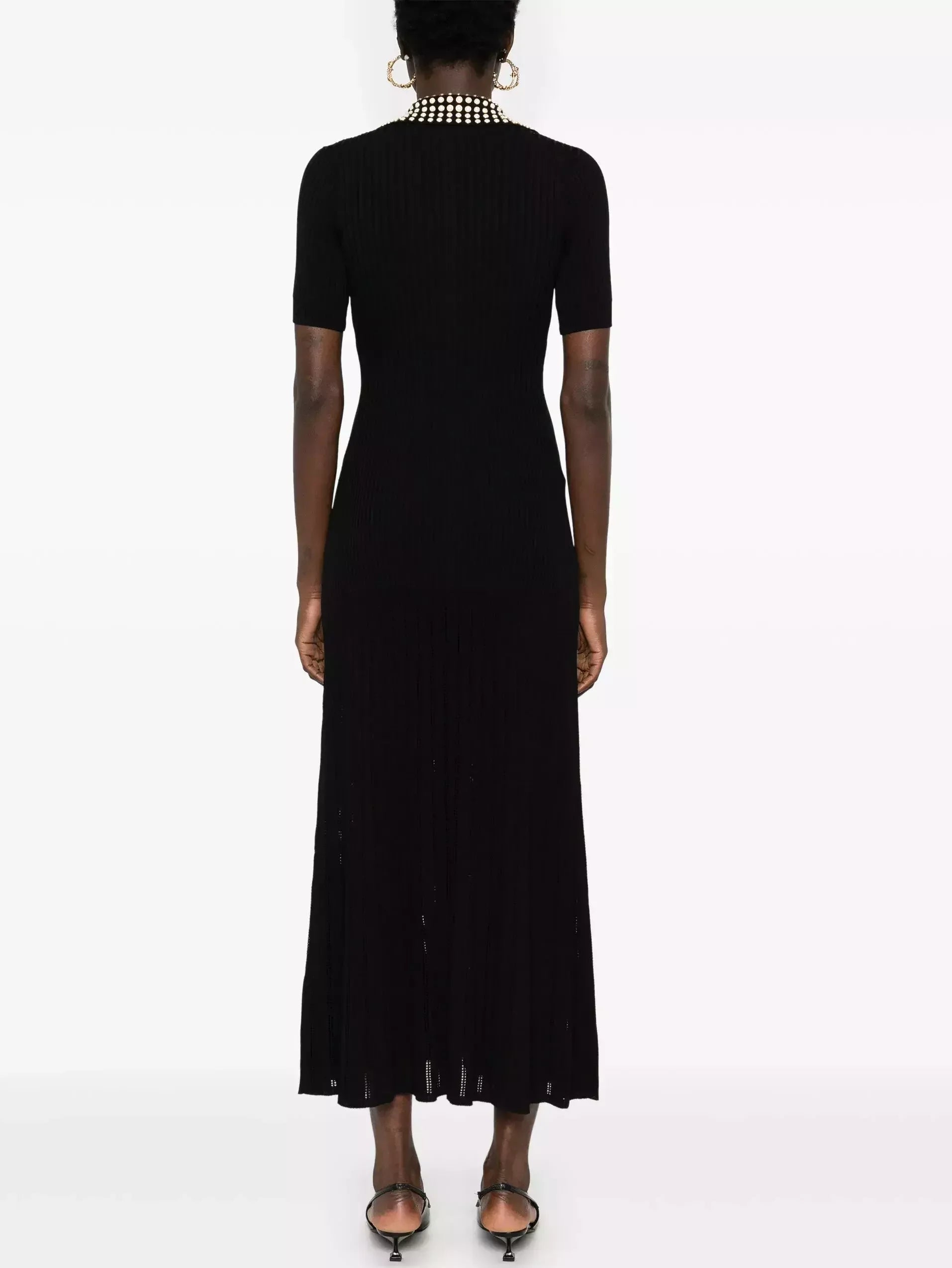 Black Knit Maxi Dress with Studded Collar - Dresses