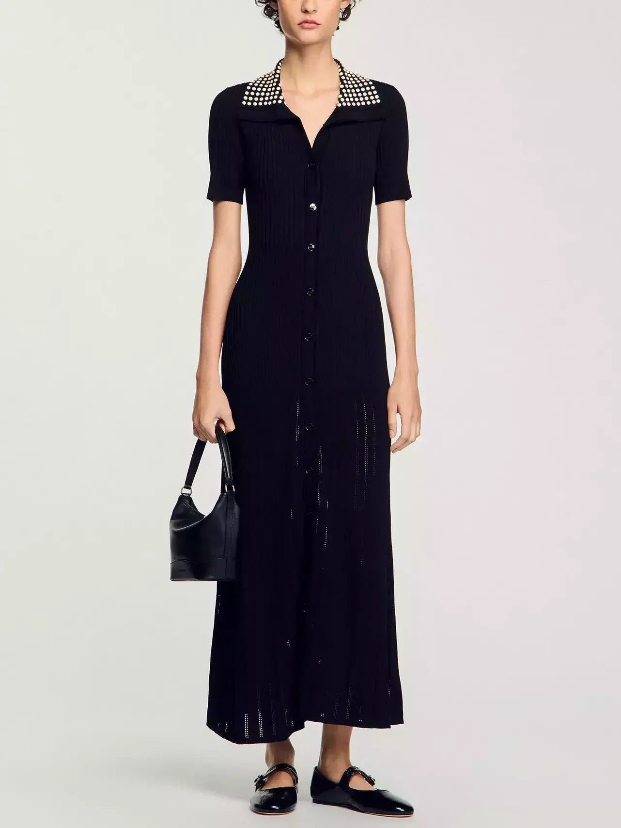 Black Knit Maxi Dress with Studded Collar - Dresses