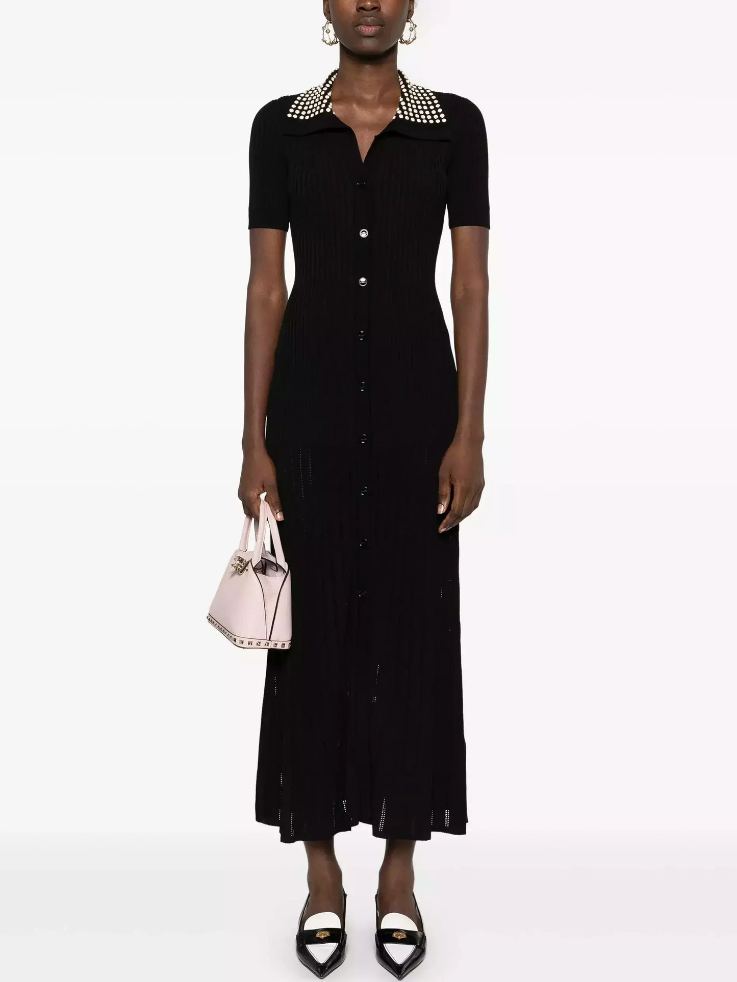 Black Knit Maxi Dress with Studded Collar - Dresses