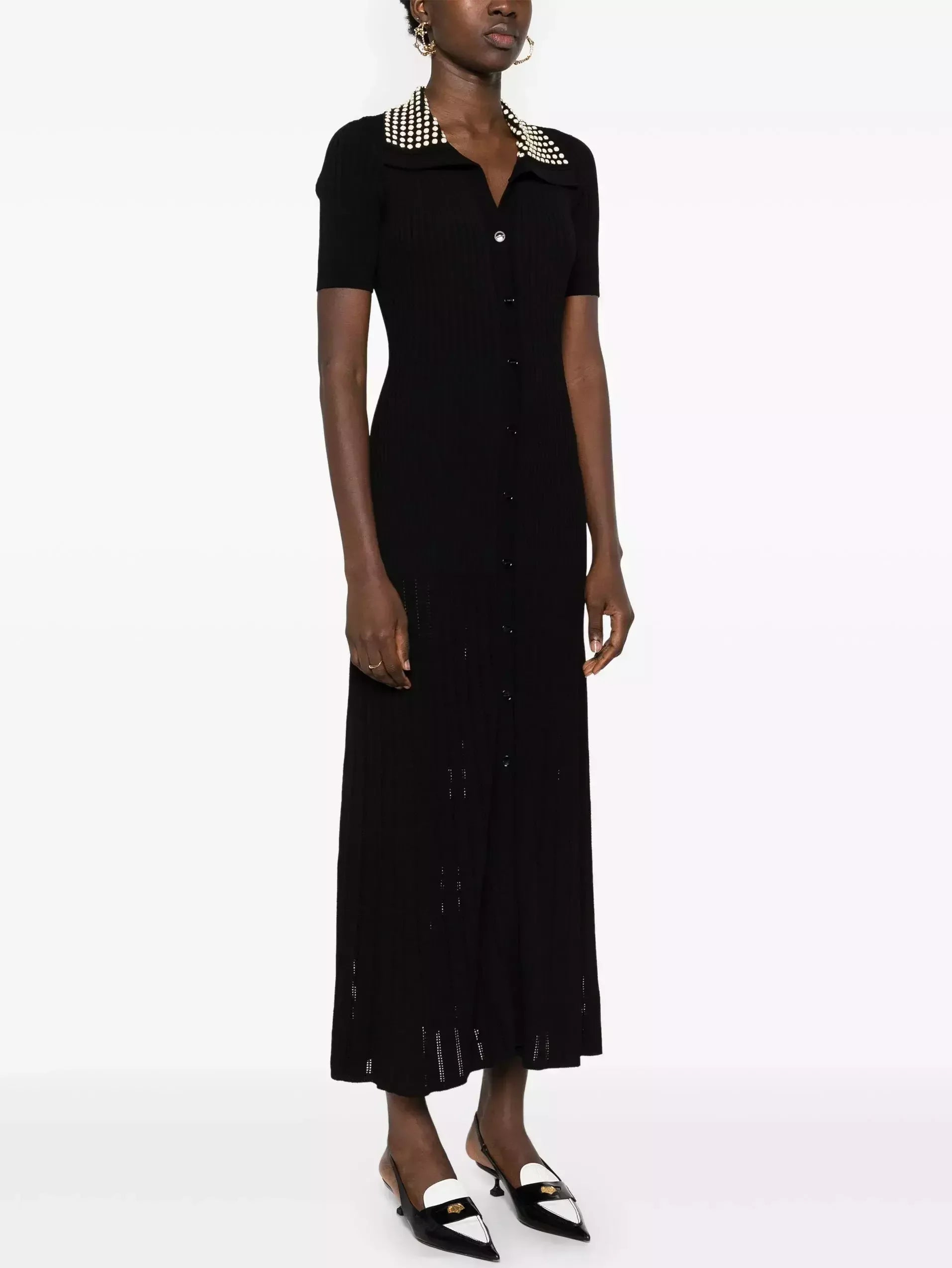 Black Knit Maxi Dress with Studded Collar - Dresses