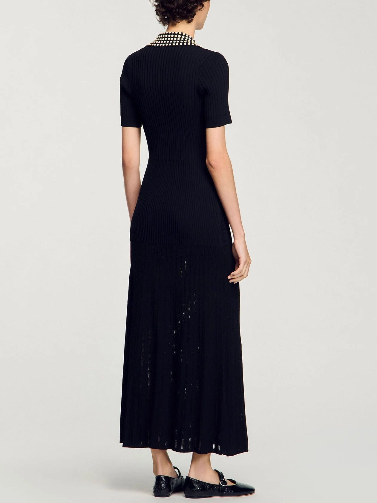 Black Knit Maxi Dress with Studded Collar - Dresses