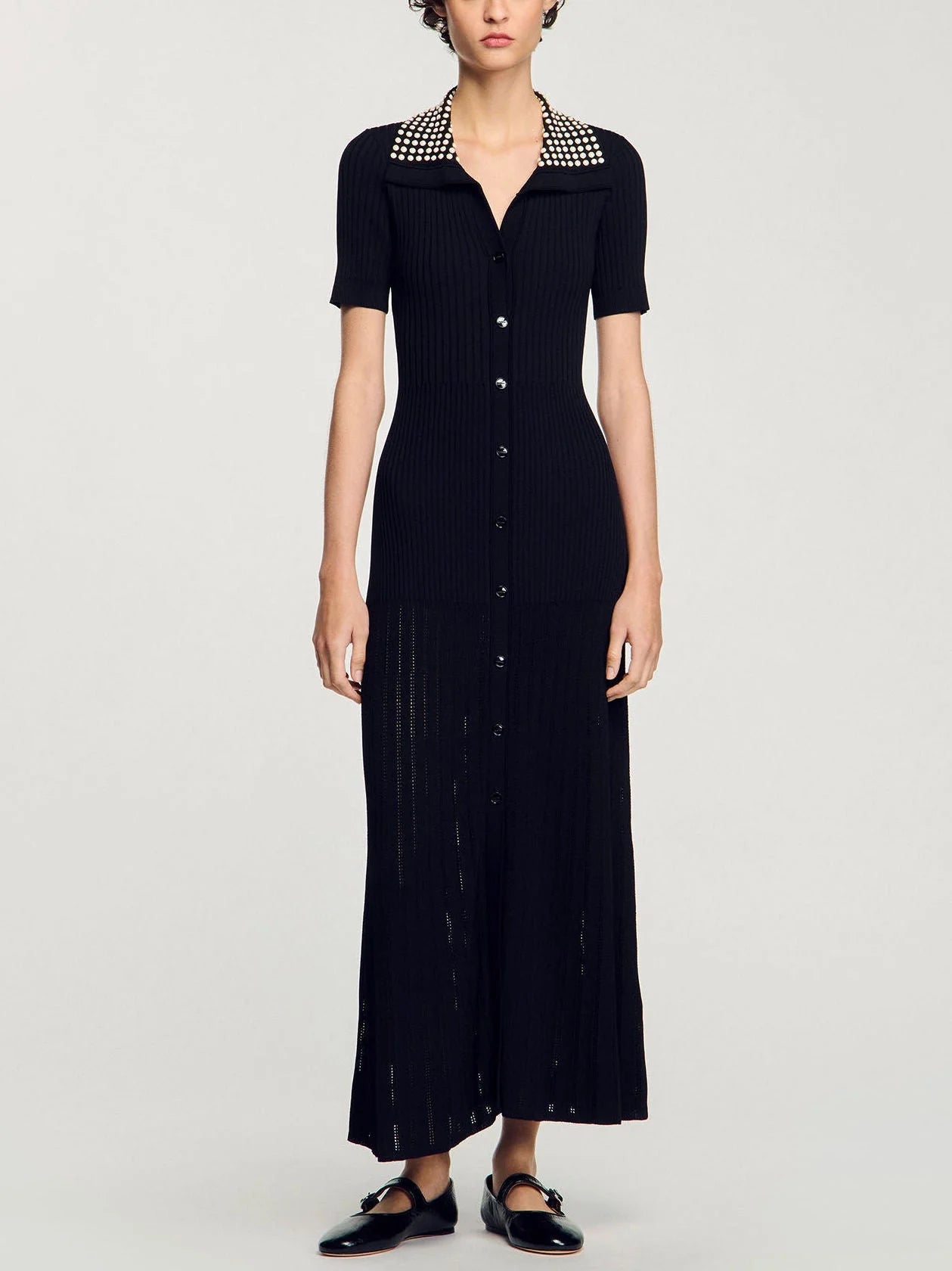 Black Knit Maxi Dress with Studded Collar - Small - Dresses