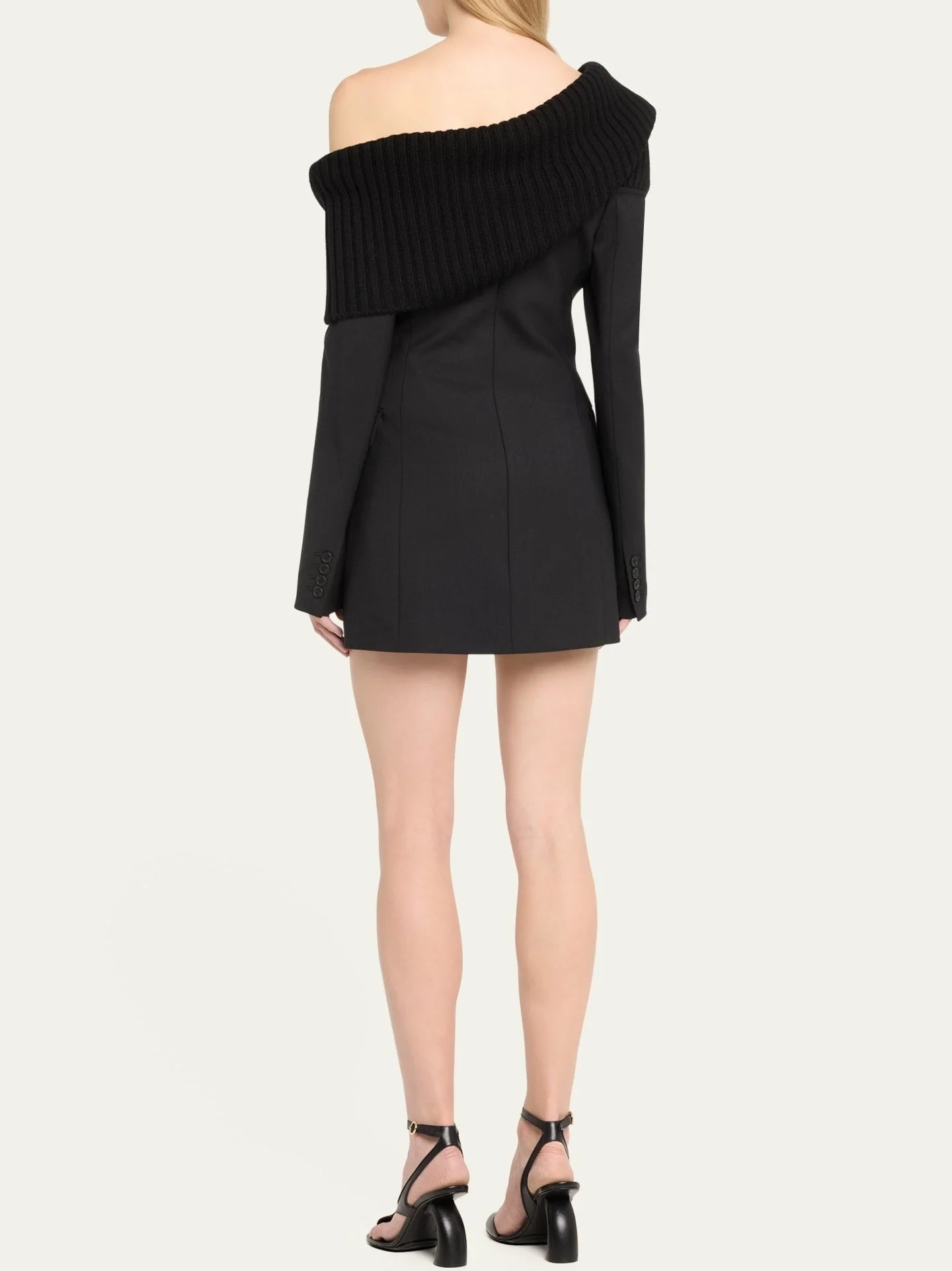 Black Knit Off-Shoulder Double-Breasted Mini Blazer-Dress - Dresses