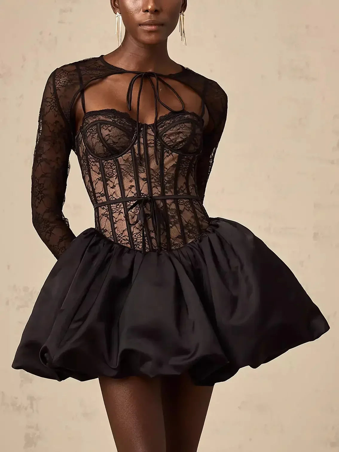 Black Lace Corset Style Flared Mini Dress with Bolero Black Lace Corset Style Flared Mini Dress with Bolero