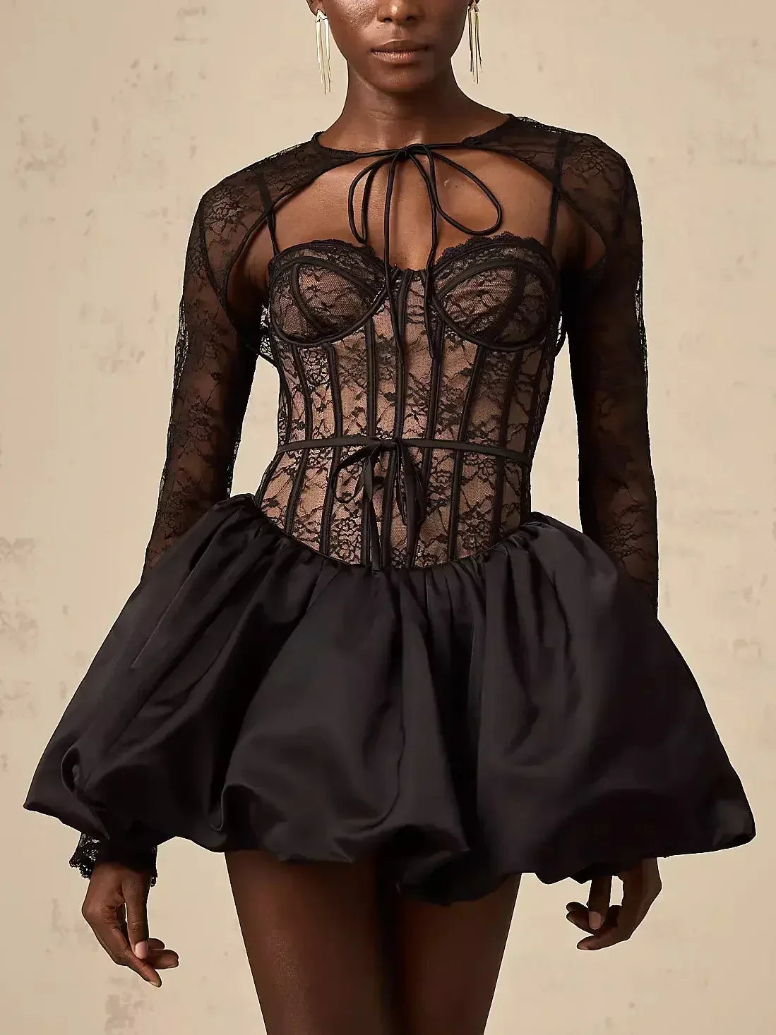 Black Lace Corset Style Flared Mini Dress with Bolero Black Lace Corset Style Flared Mini Dress with Bolero