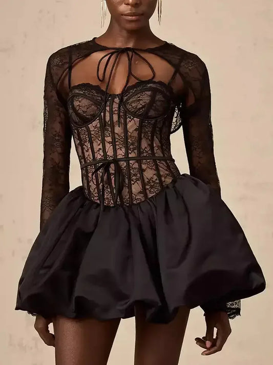 Black Lace Corset Style Flared Mini Dress with Bolero Jacket - Dresses