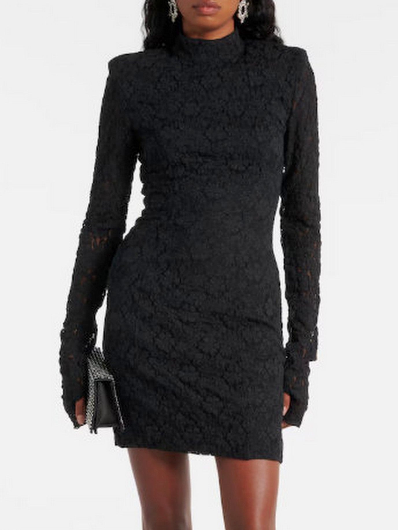 Black Lace Mini Dress with Lace-Up Open Back - Dresses
