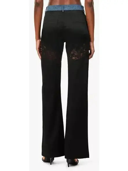 Black Lace-Panel Straight-Leg Satin Pants - Jeans & Pants