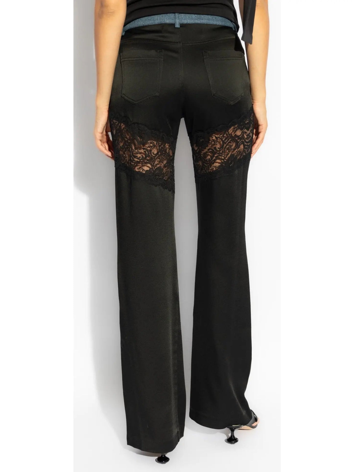 Black Lace-Panel Straight-Leg Satin Pants - Jeans & Pants