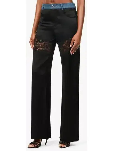 Black Lace-Panel Straight-Leg Satin Pants - Jeans & Pants