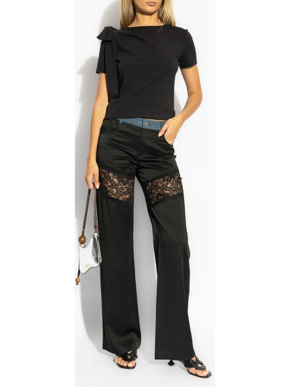 Black Lace-Panel Straight-Leg Satin Pants - Jeans & Pants