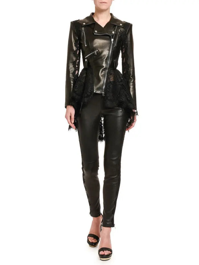 Black Lace Peplum Leather Biker Jacket - Jackets