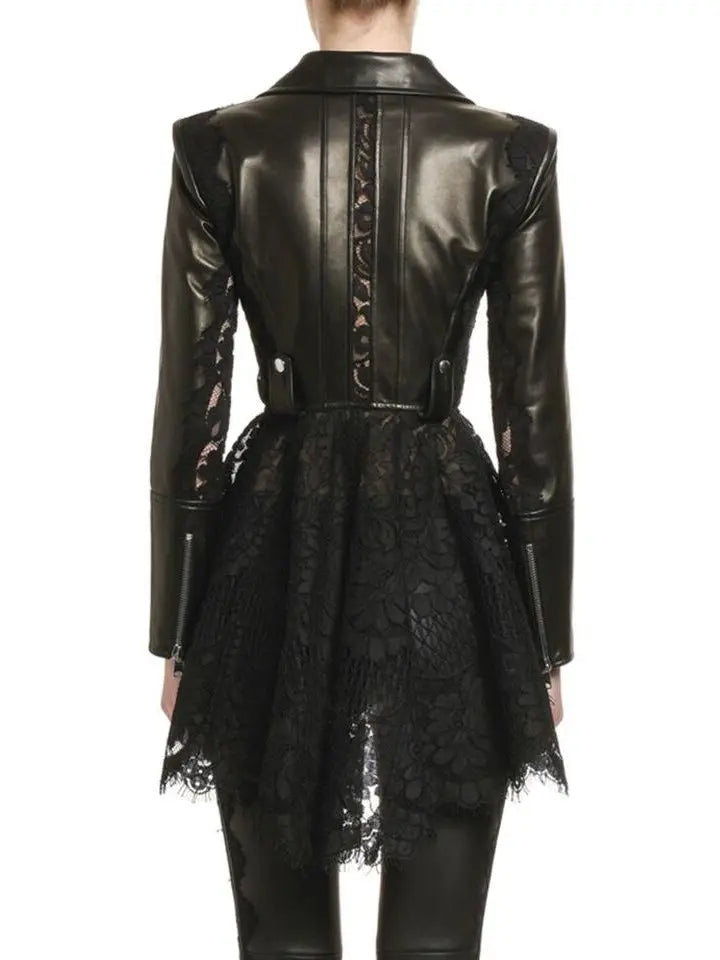 Black Lace Peplum Leather Biker Jacket - Jackets