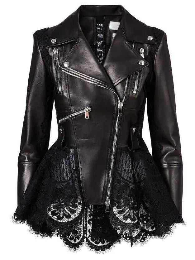 Black Lace Peplum Leather Biker Jacket - Jackets