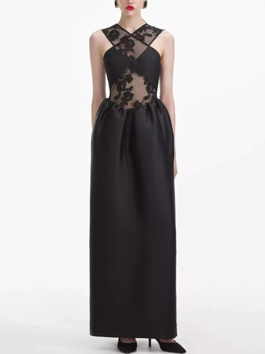 Black Lace Taffeta Cross-Front Maxi Dress - Dresses