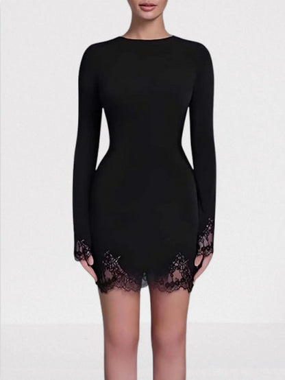 Black Lace-Trim Long-Sleeve Mini Dress - Dresses