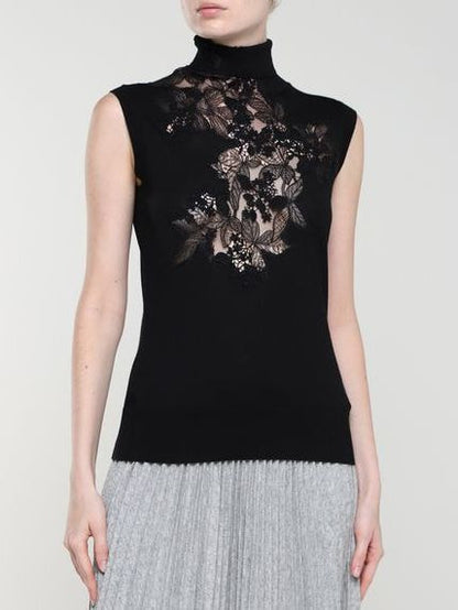 Black Lace-Trim Sleeveless High-Neck Sweater - Sweaters & Knitwear