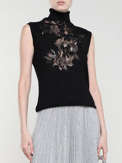Black Lace-Trim Sleeveless High-Neck Sweater - Sweaters & Knitwear