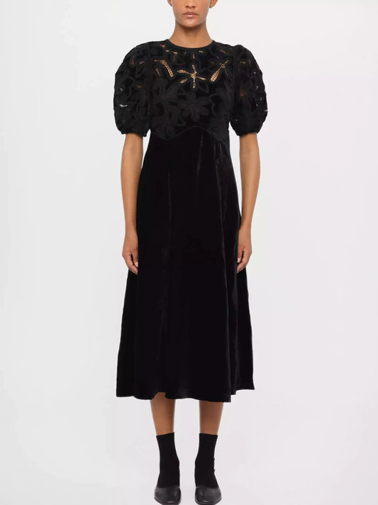Black Lace-Trimmed Embroidered Velvet Midi Dress - Dresses