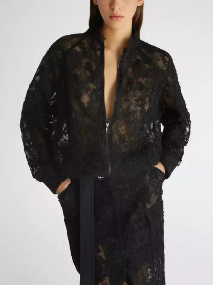 Black Lace Zip Bomber Jacket - Jackets