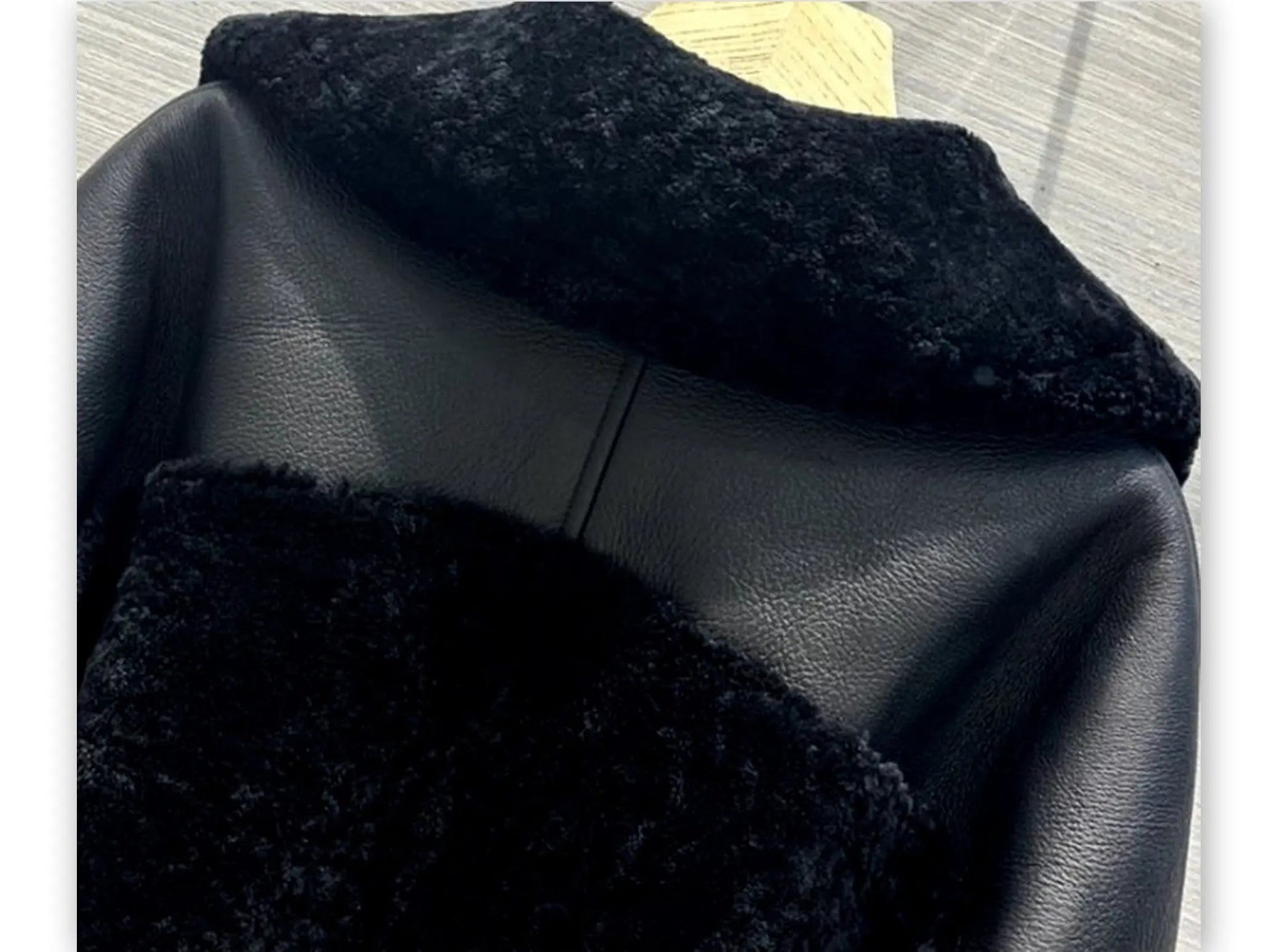 Black Leather and Shearling Aviator Style Coat - Coats