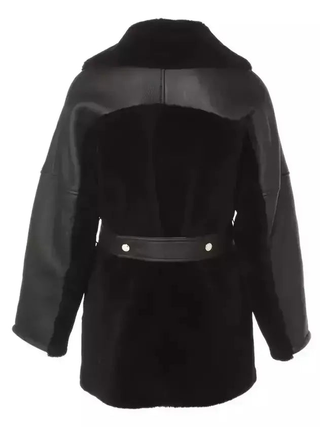 Black Leather and Shearling Aviator Style Coat - Coats