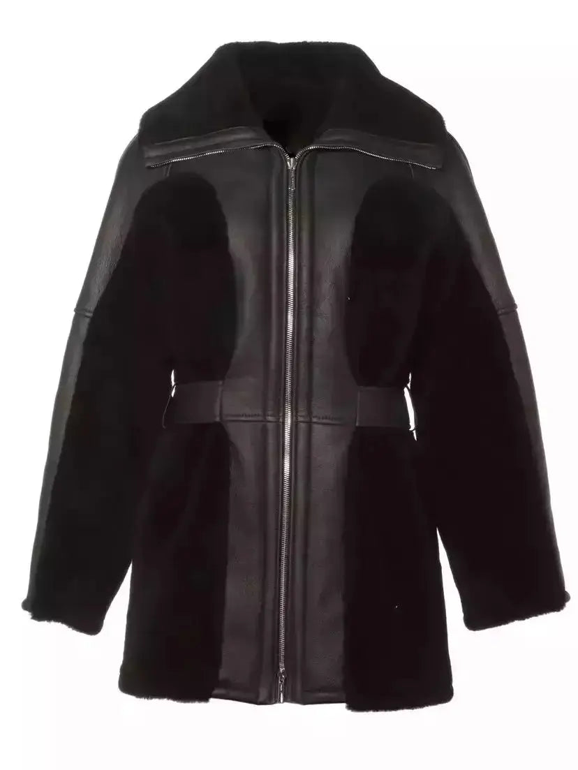 Black Leather and Shearling Aviator Style Coat - Coats