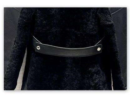 Black Leather and Shearling Aviator Style Coat - Coats