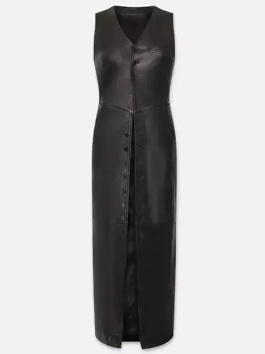 Black Leather Button-Front Midi Vest Dress - Dresses