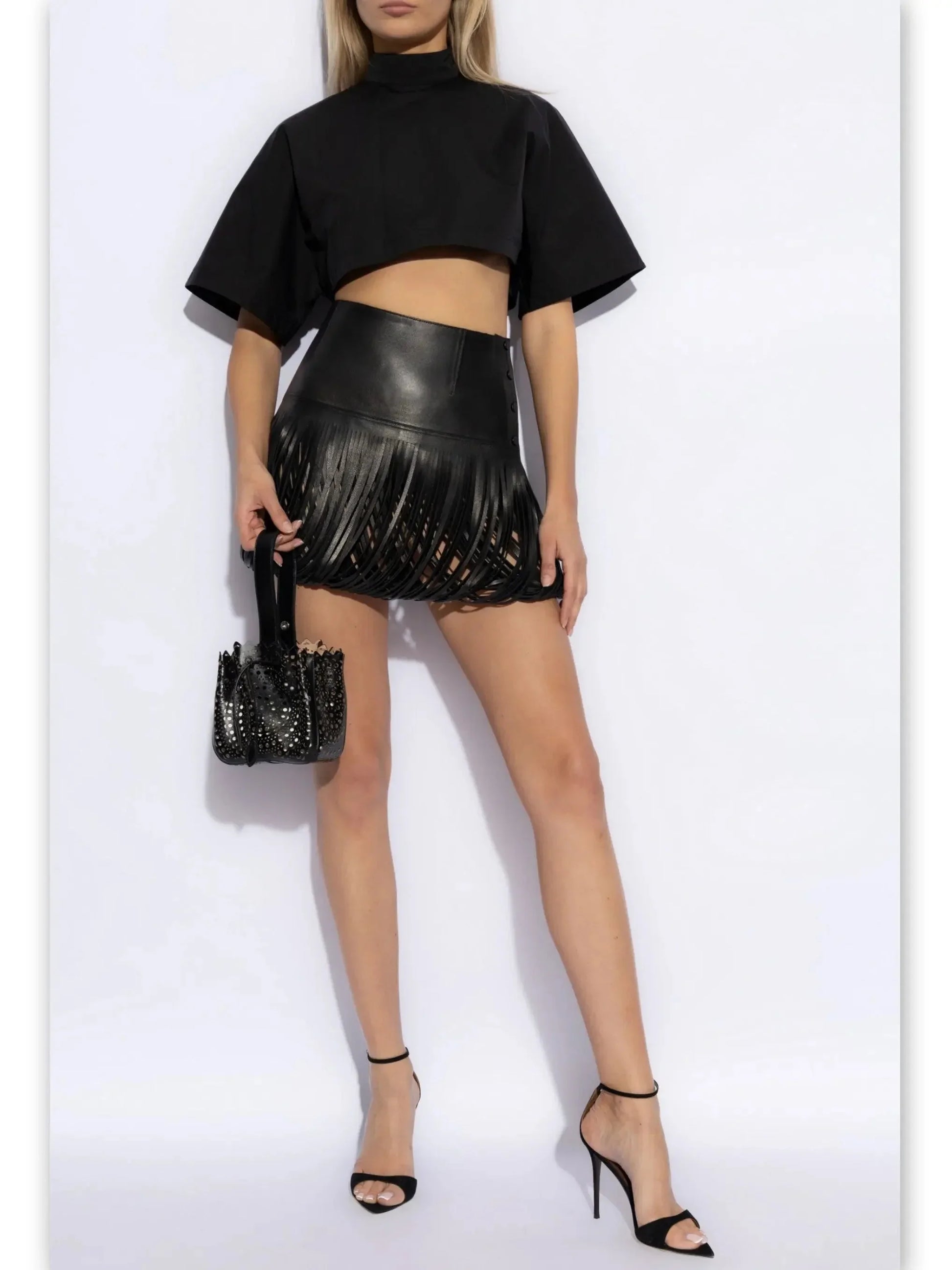 Black Leather Fringed Mini Skirt - Skirts