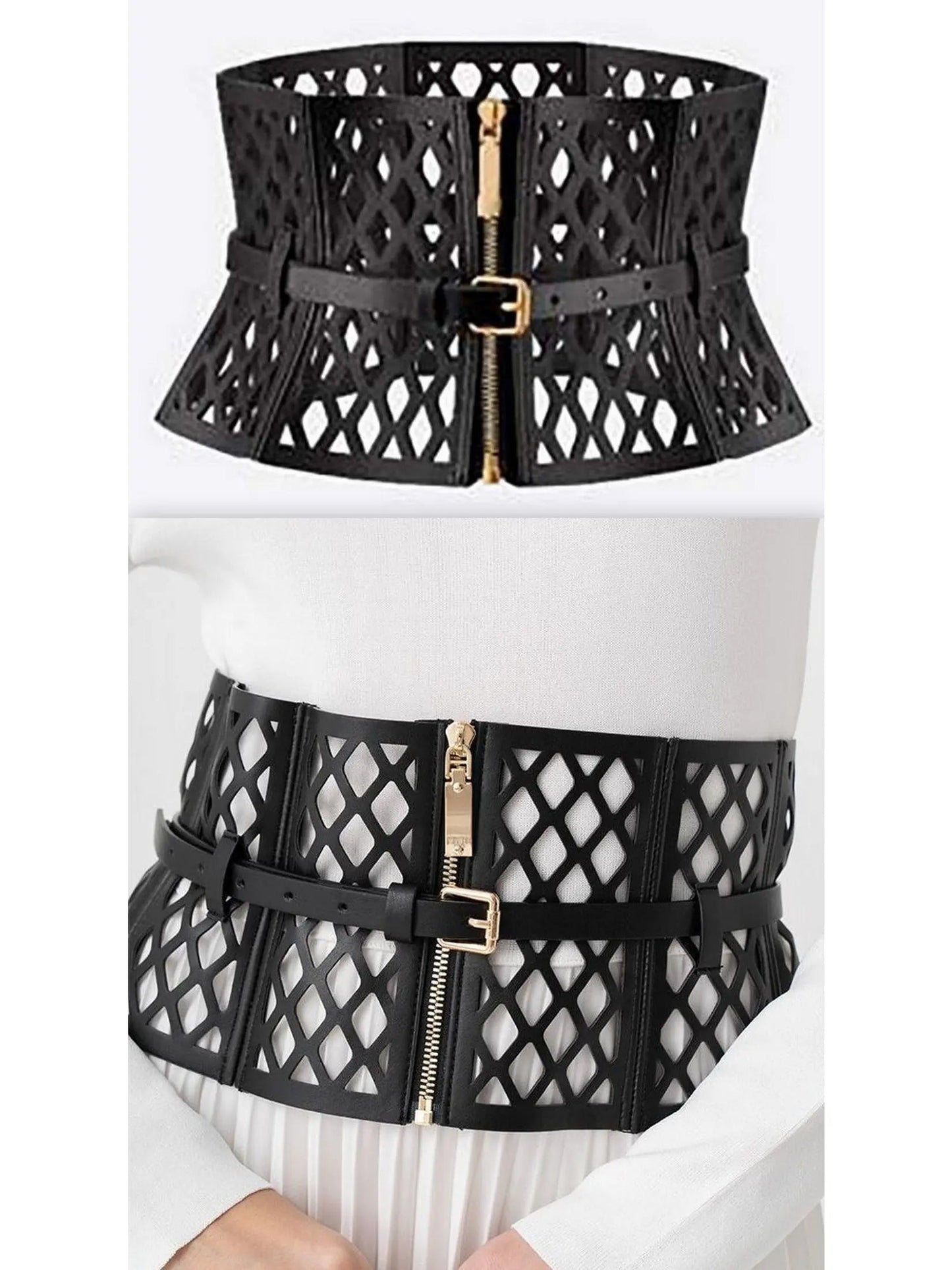 Black Leather Laser Cut-Out Corset Belt - Accessories