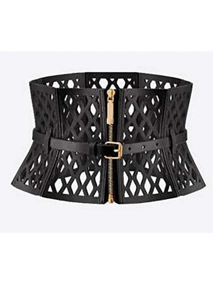 Black Leather Laser Cut-Out Corset Belt - Accessories