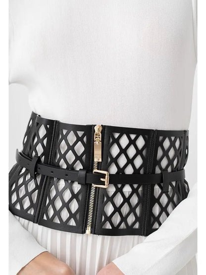 Black Leather Laser Cut-Out Corset Belt - Accessories