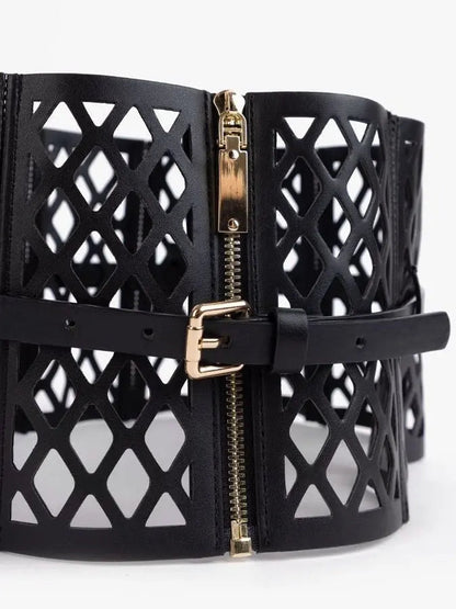 Black Leather Laser Cut-Out Corset Belt - Accessories