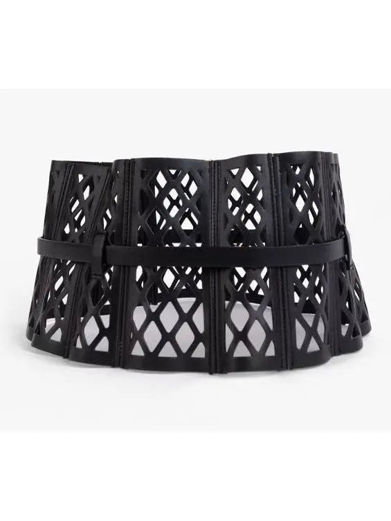 Black Leather Laser Cut-Out Corset Belt - Accessories