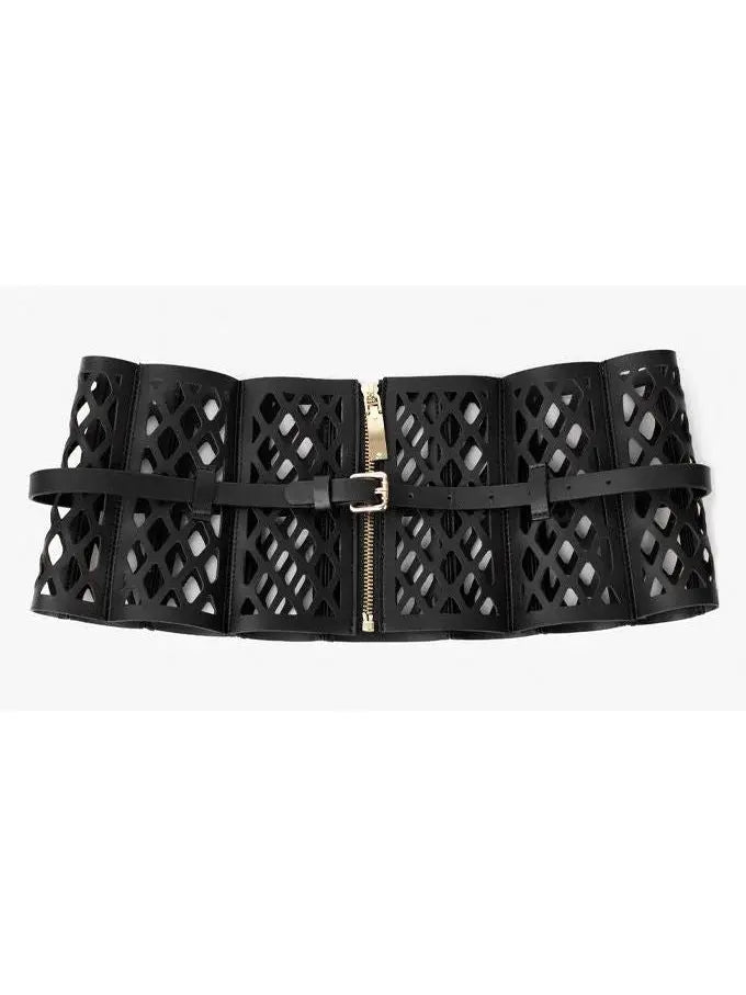 Black Leather Laser Cut-Out Corset Belt - Accessories