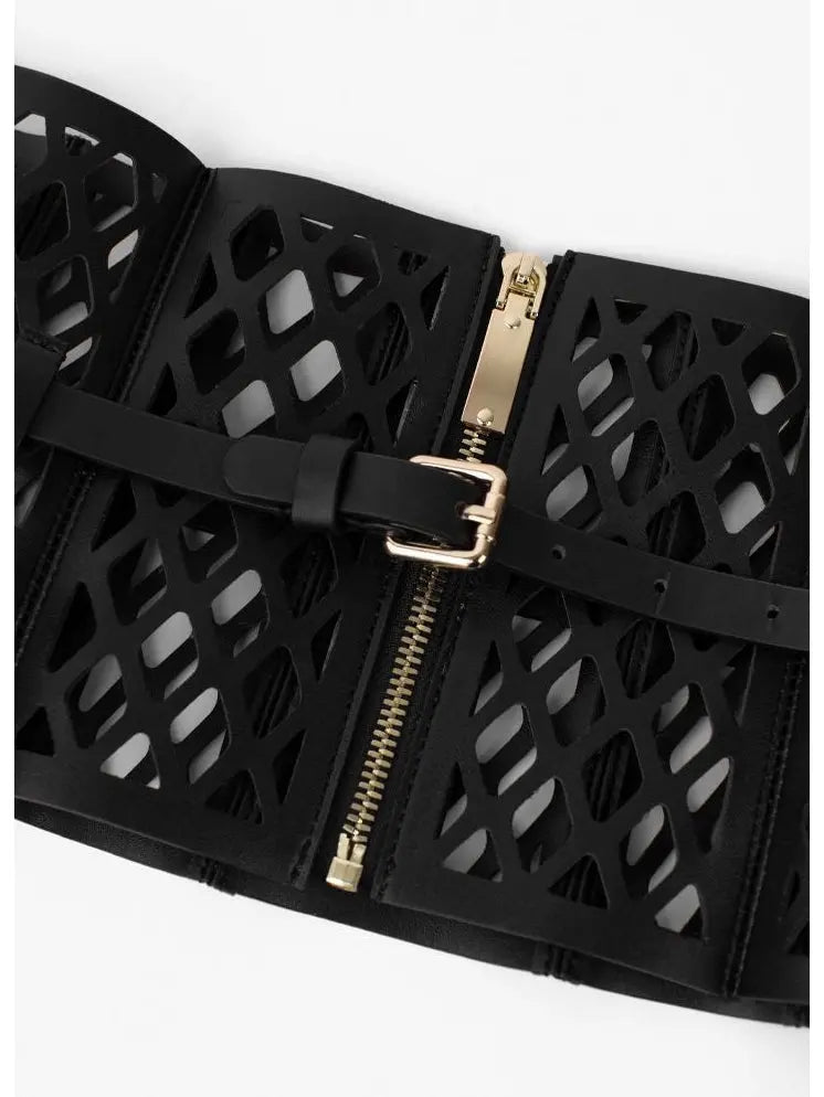 Black Leather Laser Cut-Out Corset Belt - Accessories