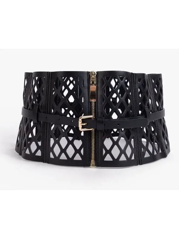 Black Leather Laser Cut-Out Corset Belt - Accessories