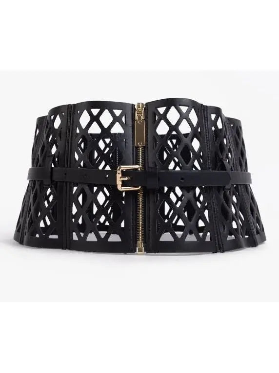 Black Leather Laser Cut-Out Corset Belt - Accessories