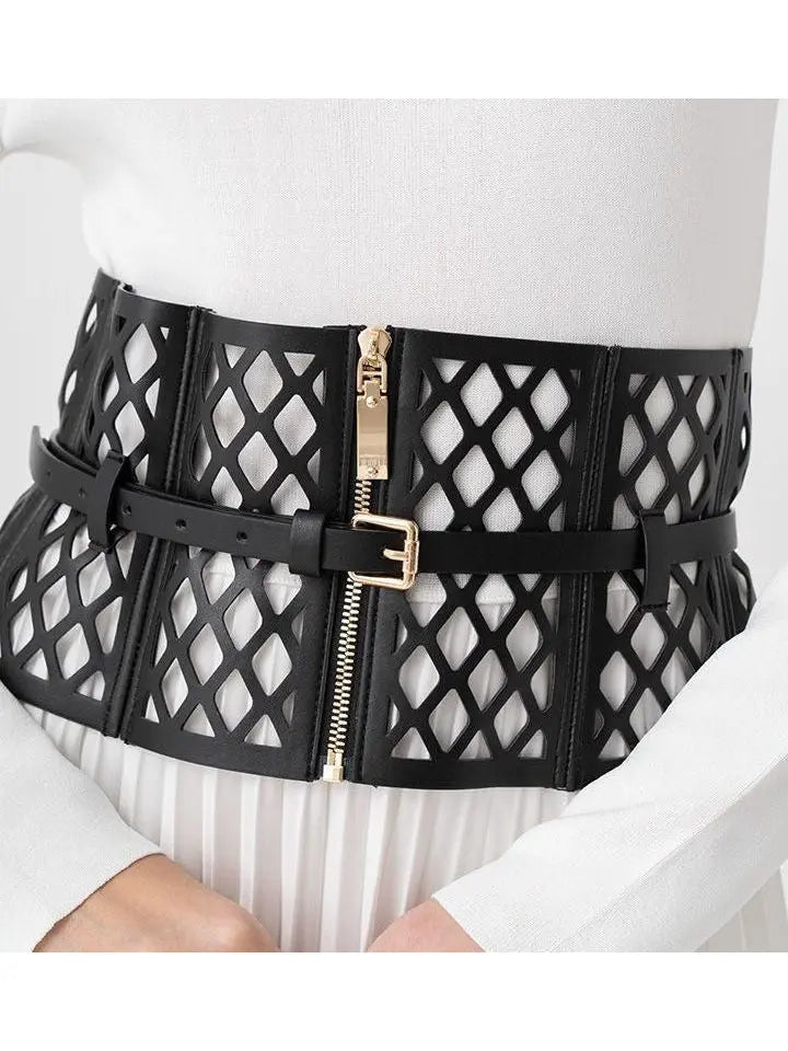 Black Leather Laser Cut-Out Corset Belt - Accessories